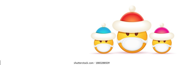 Vector Christmas horizontal banner with funky Emoji sticker with mouth medical protection mask and santa claus red hat isolated on white background. Yellow santa doctor smile face character set