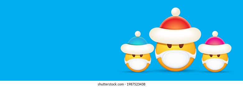 Vector Christmas horizontal banner with funky Emoji sticker with mouth medical protection mask and santa claus red hat isolated on blue background. Yellow santa doctor smile face character set