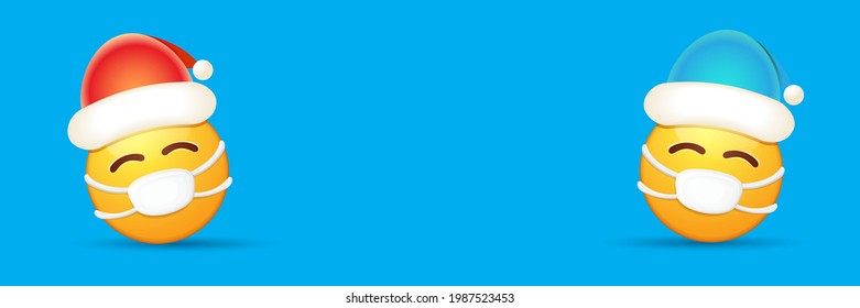 Vector Christmas horizontal banner with funky Emoji sticker with mouth medical protection mask and santa claus red hat isolated on blue background. Yellow santa doctor smile face character set
