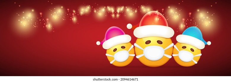 Vector Christmas horizontal banner with funky Emoji sticker with mouth medical protection mask and santa claus red hat isolated on red background. Yellow santa doctor smile face character set