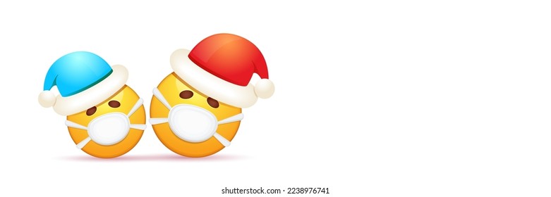 Banner horizontal de Navidad vectorial con pegatina emoticono funky con máscara de protección médica de boca y sombrero rojo santa claus aislado en fondo blanco. Sonrisa del doctor santa amarillo cara juego de caracteres
