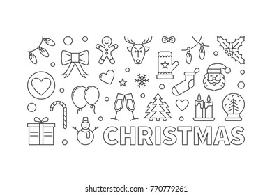 Vector Christmas horizontal banner or illustration in thin line style on white background