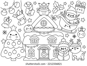 Vector Christmas horizontal line coloring page for kids with cute kawaii characters. Black and white winter holiday illustration with house, snowman, Santa Claus. Funny searching poster
