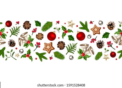 Vector Christmas horizontal seamless background with red and silver balls, bells, holly, mistletoe, stars, pinecones and green fir-tree branches.