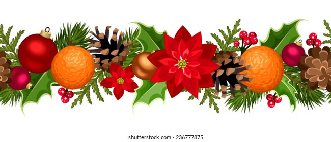 Vector Christmas horizontal seamless background with fir-tree branches, balls, holly, poinsettia flowers, cones and oranges.