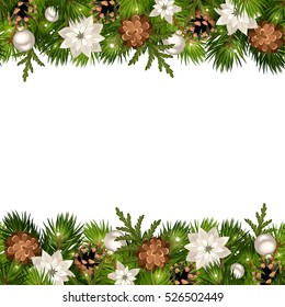Vector Christmas horizontal seamless background with fir branches, cones, silver balls, poinsettia and lights.