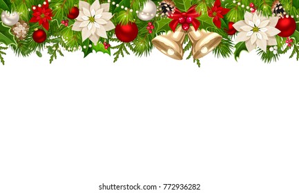 Vector Christmas horizontal seamless background with red and silver balls, bells, poinsettia flowers and green fir branches.