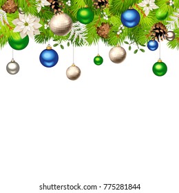 Vector Christmas horizontal seamless background with blue, green and silver balls, green fir branches, white poinsettia flowers and cones.