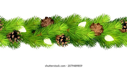 Vector Christmas horizontal seamless border with green fir branches, pine cones, and shining Christmas lights.