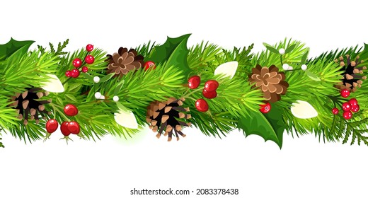 Vector Christmas horizontal seamless border with green fir branches, pine cones, shining Christmas lights, holly leaves and berries, and mistletoe.