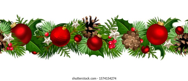 Vector Christmas horizontal seamless garland with fir-tree branches, red balls, holly and pinecones.