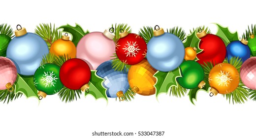Vector Christmas horizontal seamless garland with colorful balls and fir-tree branches.