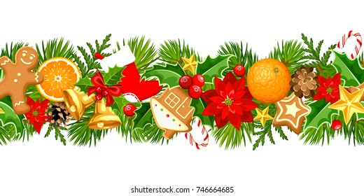 Vector Christmas horizontal seamless garland with fir-tree branches, poinsettia flowers, holly, cookies, oranges and cones.