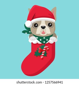 Vector Christmas icon dog French Bulldog. Bulldog puppy sitting in New Year's wear.