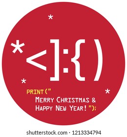 Vector Christmas icon Emoticon with Santa Claus face. Text: Merry Christmas and Happy New Year. Illustration in flat style.