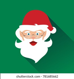 vector Christmas icon logo with cartoon happy Santa Claus in red hat and eyeglasses . illustration with typographic design with space for text on green background. xmas. shaded spruce color