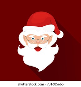 vector Christmas icon logo with cartoon happy Santa Claus in red hat and eyeglasses . illustration with typographic design with space for text on burgundy background. xmas