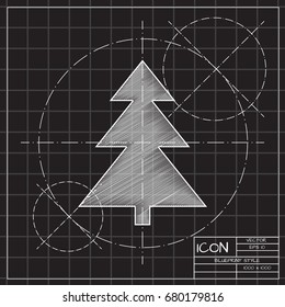 Vector christmas icon. New year illustration. blueprint Christmas tree on engineer and architect background 
