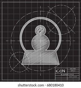Vector christmas icon. New year illustration. Blueprint Snow globe with snowman on engineer and architect background
