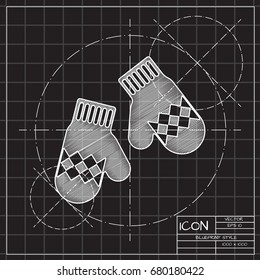 Vector christmas icon. New year illustration. blueprint Mittens on engineer and architect background 