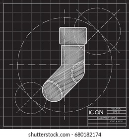 Vector christmas icon. New year illustration. blueprint Sock on engineer and architect background 