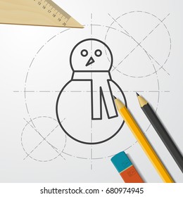 Vector christmas icon. New year illustration. blueprint Snowman on engineer and architect background 