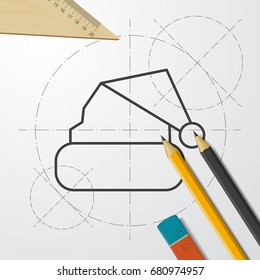 Vector christmas icon. New year illustration. blueprint Winter hat on engineer and architect background 
