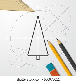 Vector christmas icon. New year illustration. blueprint Christmas tree on engineer and architect background 