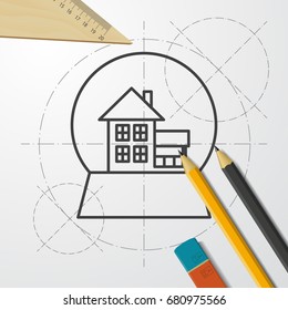 Vector christmas icon. New year illustration. blueprint Snow globe on engineer and architect background 
