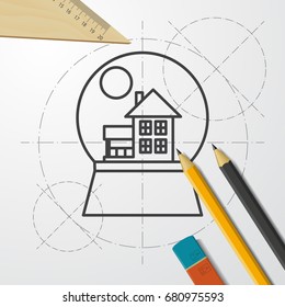 Vector christmas icon. New year illustration. blueprint Snow globe on engineer and architect background 
