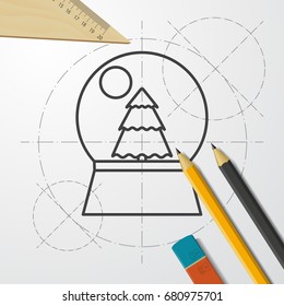 Vector christmas icon. New year illustration. blueprint Snow globe on engineer and architect background 
