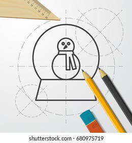 Vector christmas icon. New year illustration. blueprint Snow globe with snowman on engineer and architect background 
