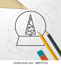 Vector christmas icon. New year illustration. blueprint Snow globe on engineer and architect background 