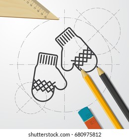 Vector christmas icon. New year illustration. blueprint Mittens on engineer and architect background 