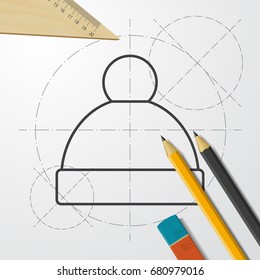 Vector christmas icon. New year illustration. blueprint Winter hat on engineer and architect background 