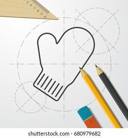 Vector christmas icon. New year illustration. blueprint Mittens on engineer and architect background 