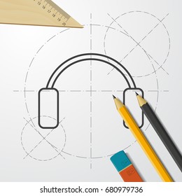 Vector christmas icon. New year illustration. blueprint Winter headphones on engineer and architect background 