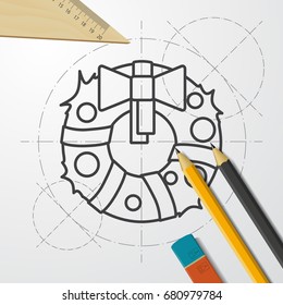 Vector christmas icon. New year illustration. blueprint Christmas wreath on engineer and architect background 