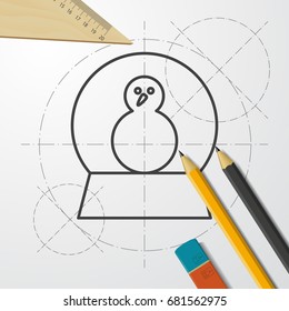 Vector christmas icon. New year illustration. blueprint Snow globe with snowman on engineer and architect background 