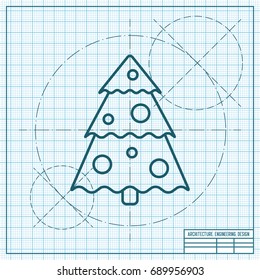 Vector christmas icon. New year illustration. blueprint Christmas tree on engineer and architect background 