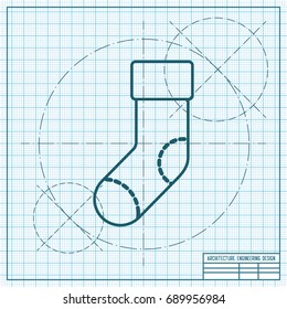 Vector christmas icon. New year illustration. blueprint Sock on engineer and architect background 