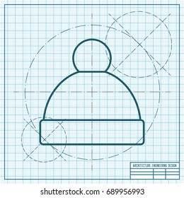 Vector christmas icon. New year illustration. blueprint Winter hat on engineer and architect background 