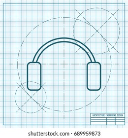 Vector christmas icon. New year illustration. blueprint Winter headphones on engineer and architect background 