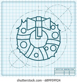 Vector christmas icon. New year illustration. blueprint Christmas wreath on engineer and architect background 