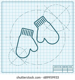 Vector christmas icon. New year illustration. blueprint Mittens on engineer and architect background 