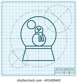 Vector christmas icon. New year illustration. blueprint Snow globe with snowman on engineer and architect background 