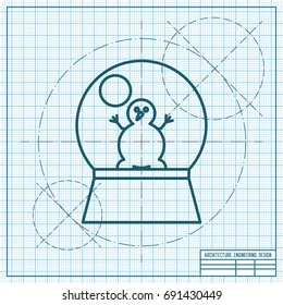Vector christmas icon. New year illustration. blueprint Snow globe with snowman on engineer and architect background 