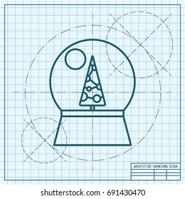 Vector christmas icon. New year illustration. blueprint Snow globe on engineer and architect background 