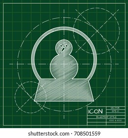 Vector christmas icon. New year illustration. blueprint Snow globe with snowman on engineer and architect background  