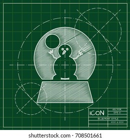 Vector christmas icon. New year illustration. blueprint Snow globe with snowman on engineer and architect background  